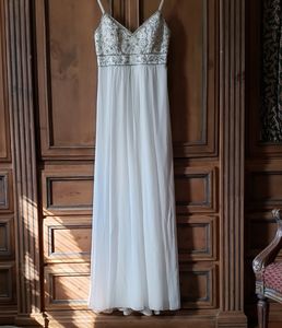 Sue Wong White Chantilly beaded embellished V-neck bodice chiffon Maxi Dress 6